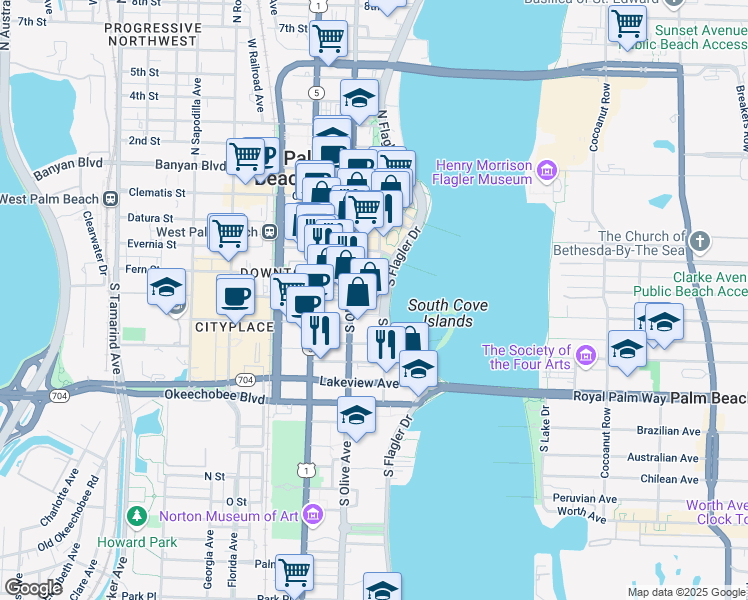 map of restaurants, bars, coffee shops, grocery stores, and more near 501 South Flagler Drive in West Palm Beach
