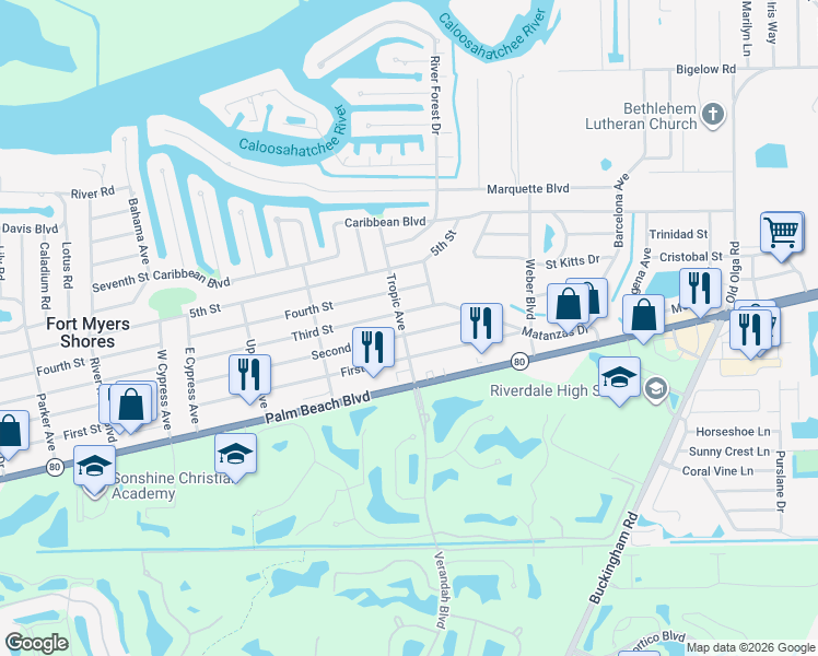 map of restaurants, bars, coffee shops, grocery stores, and more near 13473 Second Street in Fort Myers