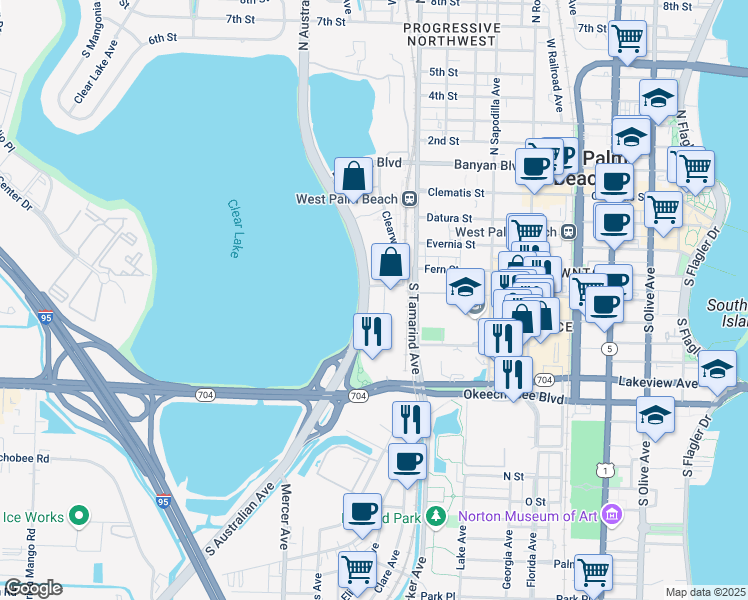 map of restaurants, bars, coffee shops, grocery stores, and more near 601 Clearwater Park Road in West Palm Beach