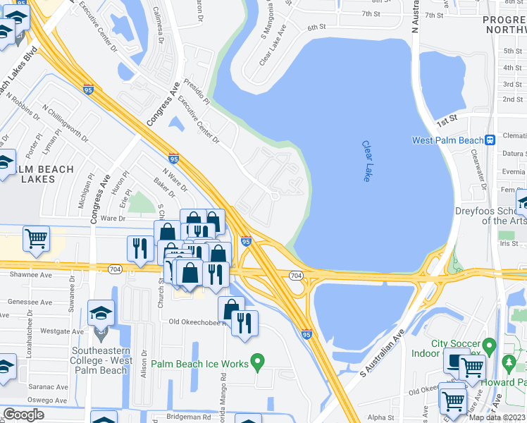 map of restaurants, bars, coffee shops, grocery stores, and more near 641 Executive Center Drive in West Palm Beach