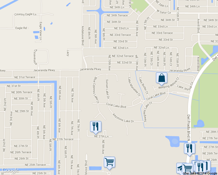map of restaurants, bars, coffee shops, grocery stores, and more near 2679 Sunset Lake Drive in Cape Coral