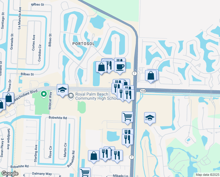 map of restaurants, bars, coffee shops, grocery stores, and more near Okeechobee Blvd & Fox Trail Rd S in West Palm Beach