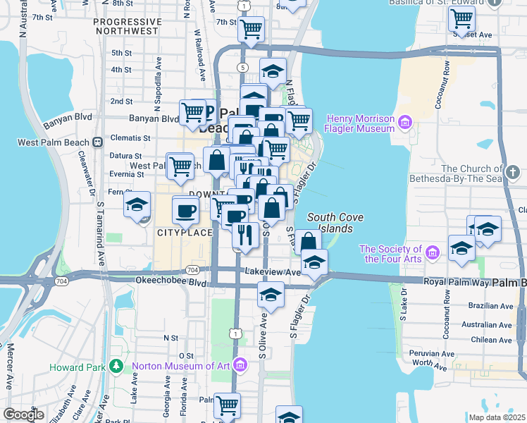 map of restaurants, bars, coffee shops, grocery stores, and more near 509 Federal Highway in West Palm Beach