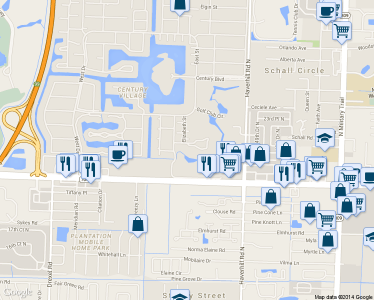 map of restaurants, bars, coffee shops, grocery stores, and more near 414 Greenbrier B in West Palm Beach