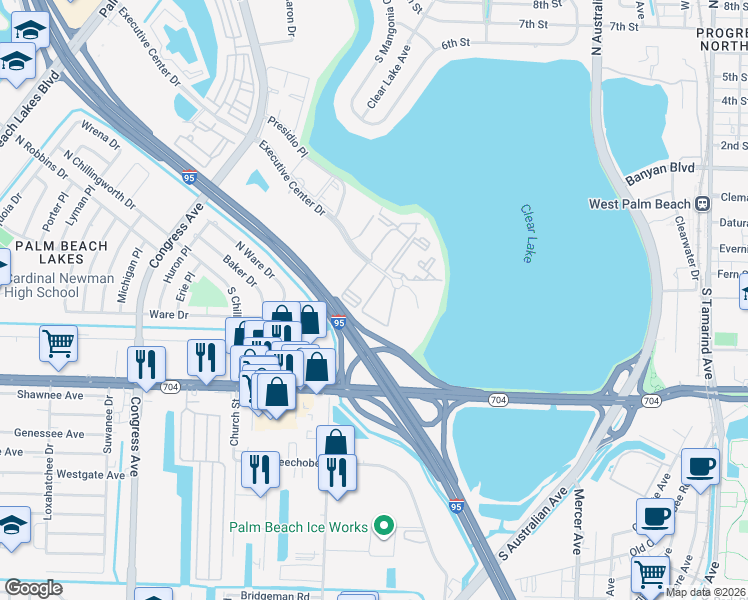 map of restaurants, bars, coffee shops, grocery stores, and more near 641 Executive Center Drive in West Palm Beach