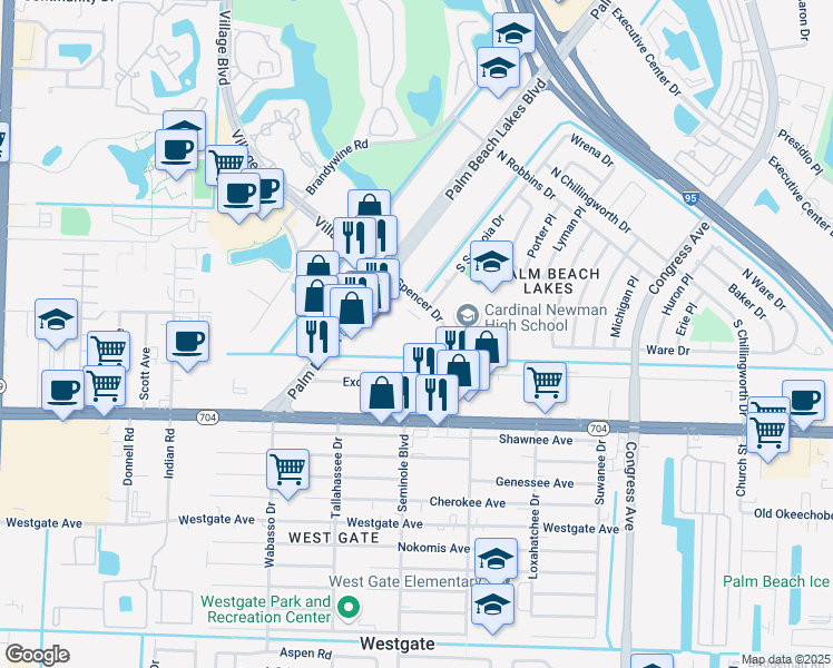 map of restaurants, bars, coffee shops, grocery stores, and more near 537 South Sequoia Drive in West Palm Beach