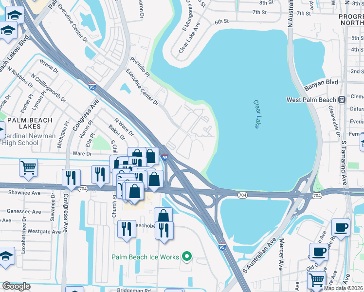 map of restaurants, bars, coffee shops, grocery stores, and more near 641 Executive Center Drive in West Palm Beach