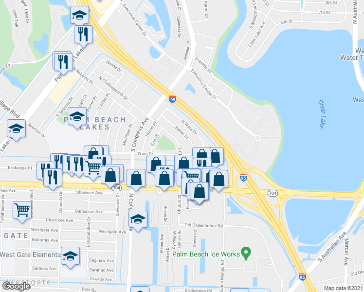 map of restaurants, bars, coffee shops, grocery stores, and more near 2041 Ware Drive in West Palm Beach