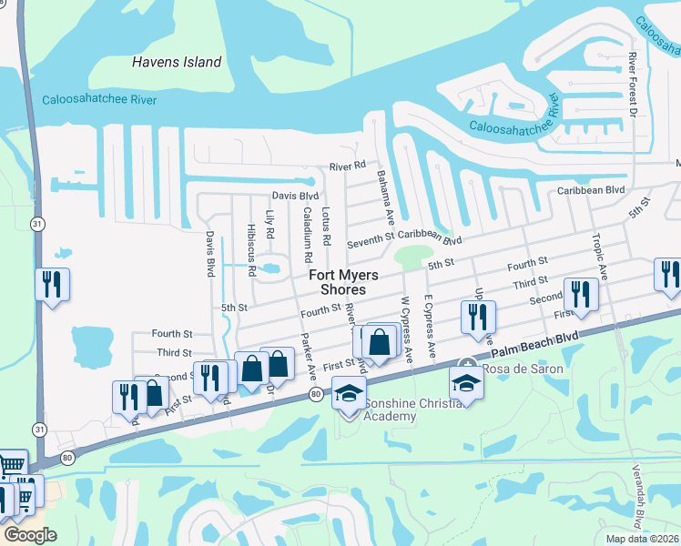 map of restaurants, bars, coffee shops, grocery stores, and more near 2319 River Ridge Boulevard in Fort Myers