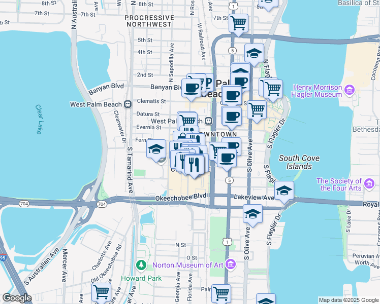 map of restaurants, bars, coffee shops, grocery stores, and more near 170 South Rosemary Avenue in West Palm Beach
