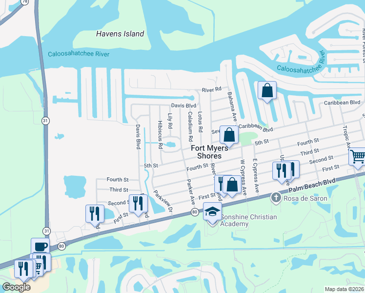 map of restaurants, bars, coffee shops, grocery stores, and more near 2335 Parker Avenue in Fort Myers
