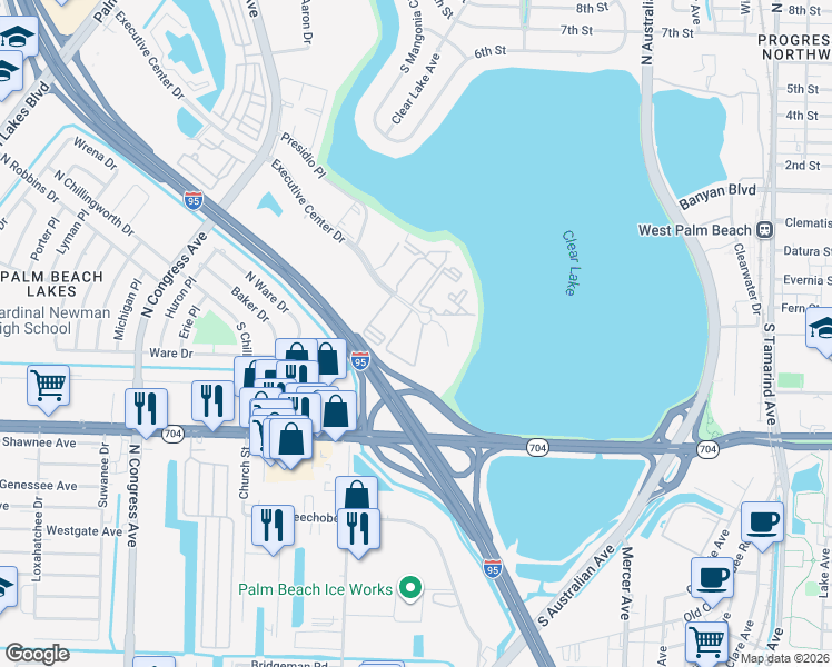 map of restaurants, bars, coffee shops, grocery stores, and more near 645 Executive Center Drive in West Palm Beach