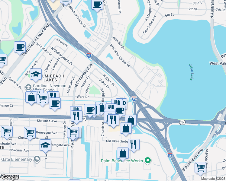 map of restaurants, bars, coffee shops, grocery stores, and more near 406 North Ware Drive in West Palm Beach