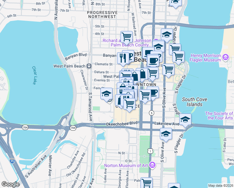 map of restaurants, bars, coffee shops, grocery stores, and more near 612 Fern Street in West Palm Beach