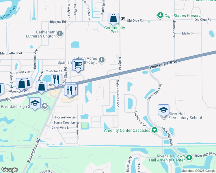 map of restaurants, bars, coffee shops, grocery stores, and more near 2401 Hawks Preserve Drive in Fort Myers