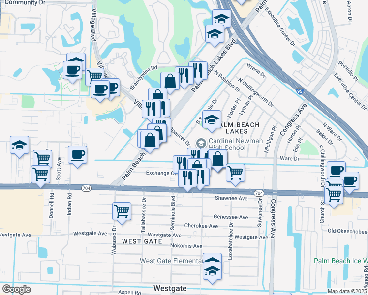 map of restaurants, bars, coffee shops, grocery stores, and more near 390 South Sequoia Drive in West Palm Beach