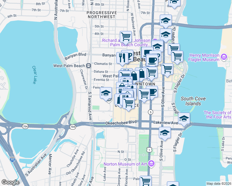 map of restaurants, bars, coffee shops, grocery stores, and more near 612 Fern Street in West Palm Beach