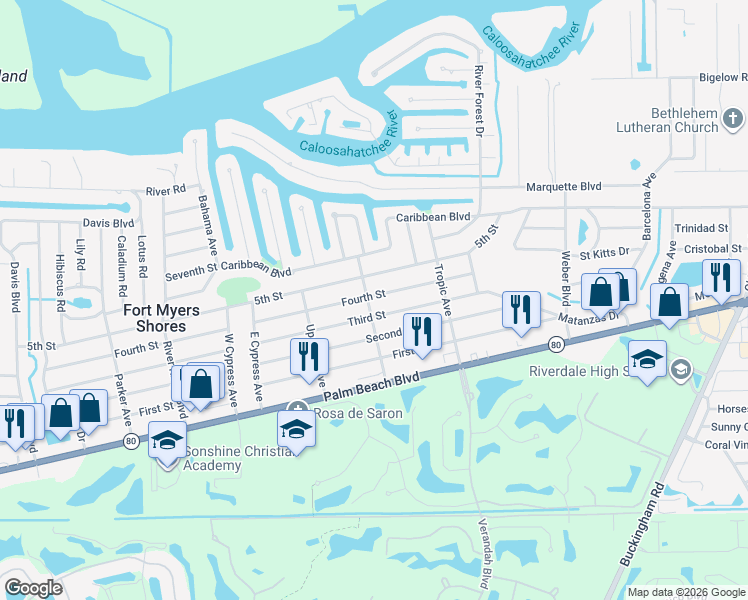 map of restaurants, bars, coffee shops, grocery stores, and more near 13414 Fourth Street in Fort Myers