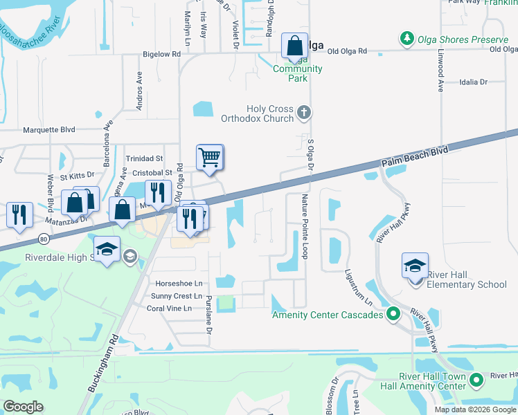 map of restaurants, bars, coffee shops, grocery stores, and more near 2952 Ribbon Court in Fort Myers