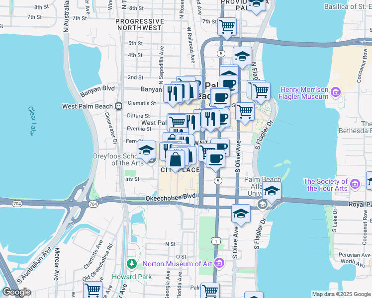 map of restaurants, bars, coffee shops, grocery stores, and more near 430 South Rosemary Avenue in West Palm Beach