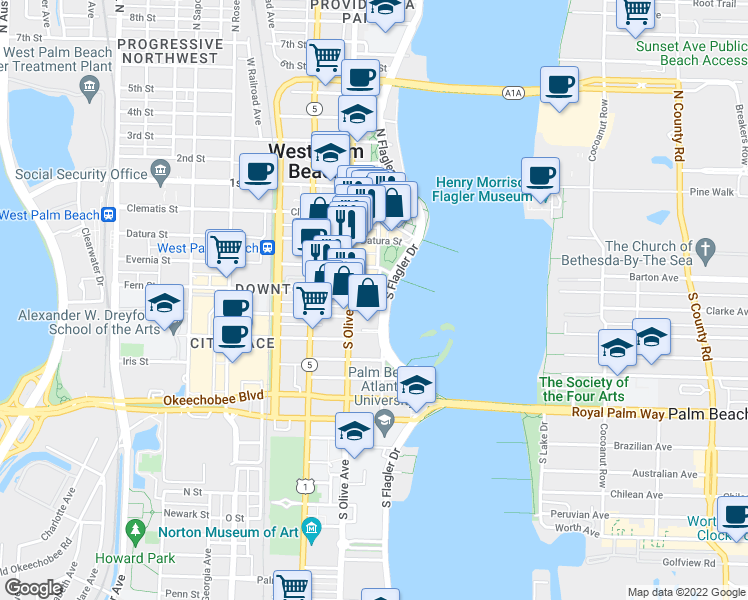 map of restaurants, bars, coffee shops, grocery stores, and more near 321 South Flagler Drive in West Palm Beach