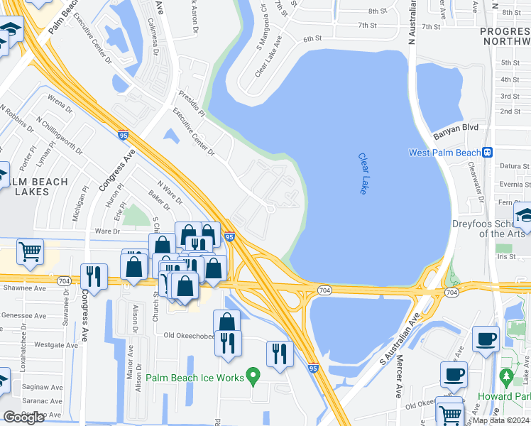 map of restaurants, bars, coffee shops, grocery stores, and more near 605 Executive Center Drive in West Palm Beach