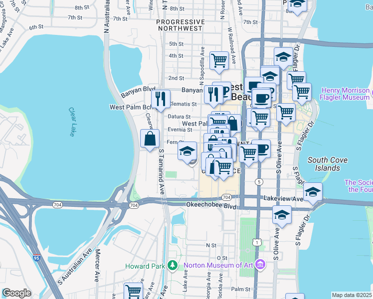 map of restaurants, bars, coffee shops, grocery stores, and more near in West Palm Beach