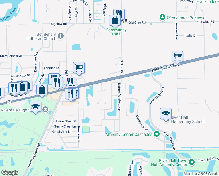 map of restaurants, bars, coffee shops, grocery stores, and more near 2401 Hawks Preserve Drive in Fort Myers