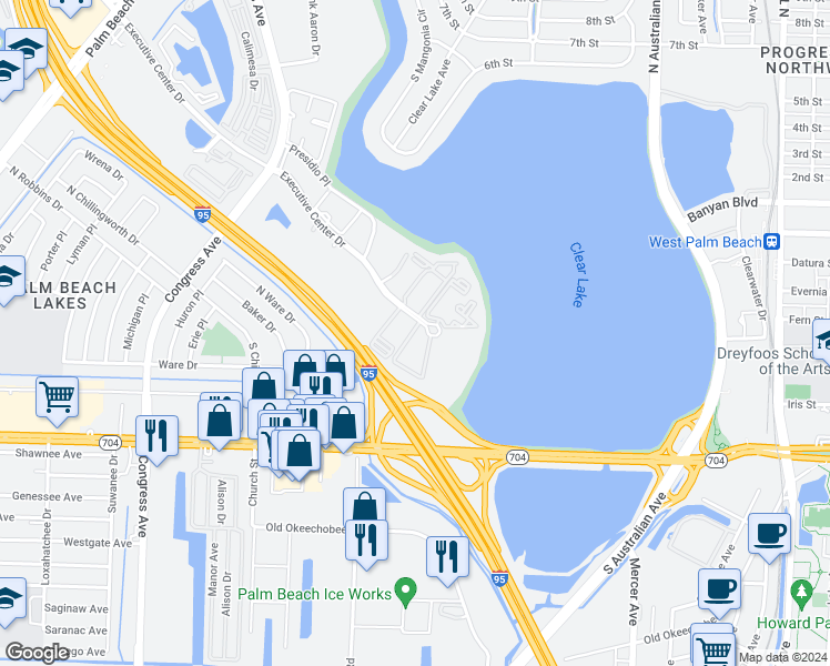 map of restaurants, bars, coffee shops, grocery stores, and more near 605 Executive Center Drive in West Palm Beach