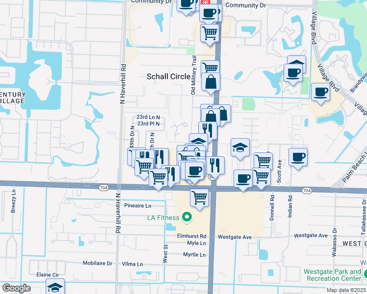 map of restaurants, bars, coffee shops, grocery stores, and more near 4624 Schall Road in West Palm Beach