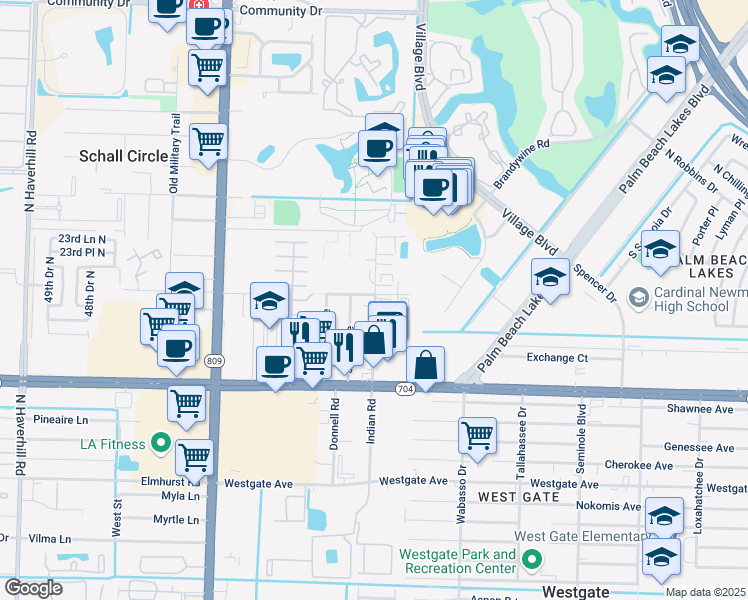map of restaurants, bars, coffee shops, grocery stores, and more near 2269 Indian Road in West Palm Beach