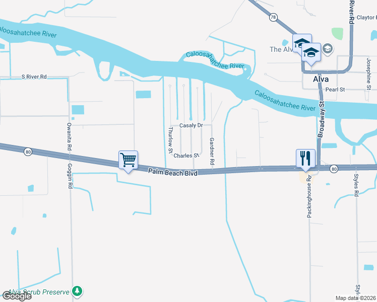 map of restaurants, bars, coffee shops, grocery stores, and more near 2381 Leavitt Road in Alva