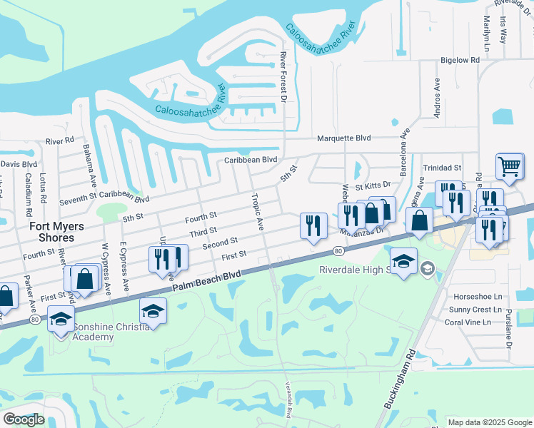 map of restaurants, bars, coffee shops, grocery stores, and more near 13808 Third Street in Fort Myers