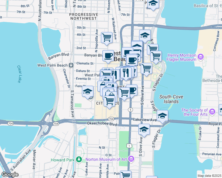 map of restaurants, bars, coffee shops, grocery stores, and more near in West Palm Beach