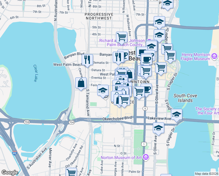 map of restaurants, bars, coffee shops, grocery stores, and more near in West Palm Beach