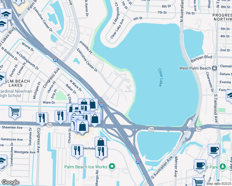 map of restaurants, bars, coffee shops, grocery stores, and more near 605 Executive Center Drive in West Palm Beach