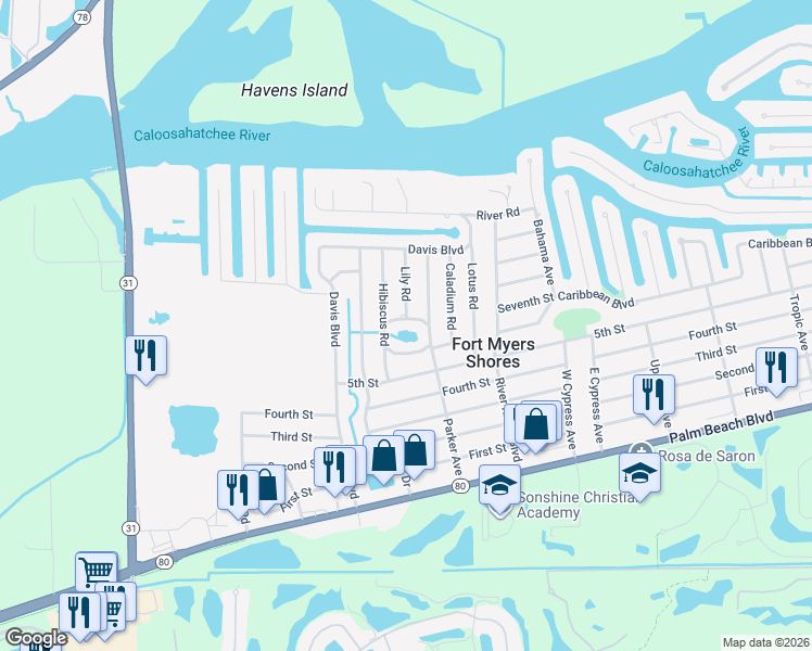 map of restaurants, bars, coffee shops, grocery stores, and more near 2244 Hibiscus Road in Fort Myers
