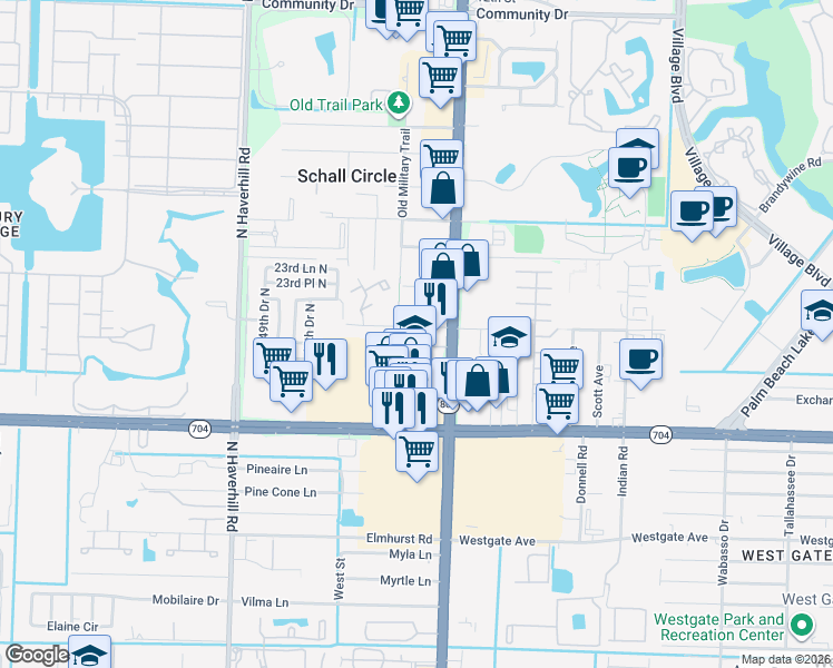 map of restaurants, bars, coffee shops, grocery stores, and more near 4550 Iris Street in West Palm Beach