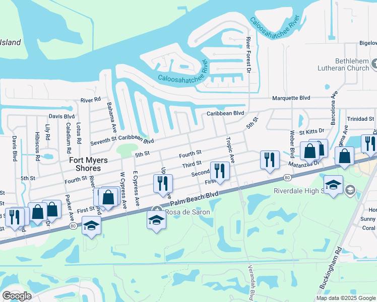 map of restaurants, bars, coffee shops, grocery stores, and more near 13343 5th Street in Fort Myers