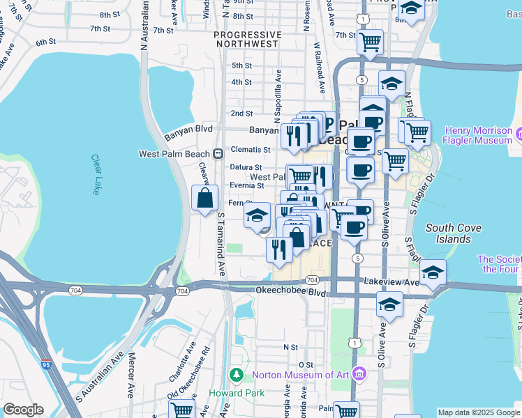 map of restaurants, bars, coffee shops, grocery stores, and more near 720 Fern Street in West Palm Beach