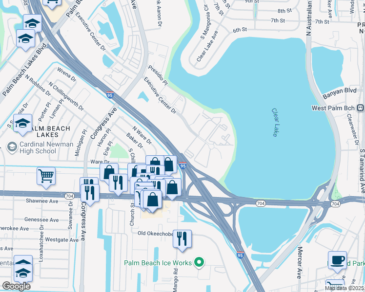 map of restaurants, bars, coffee shops, grocery stores, and more near 429 Executive Center Drive in West Palm Beach