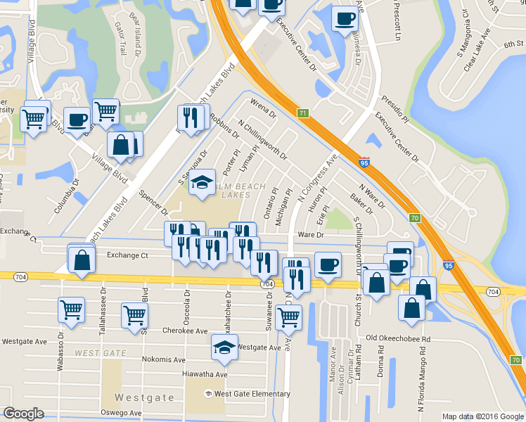 map of restaurants, bars, coffee shops, grocery stores, and more near 413 Ontario Place in West Palm Beach