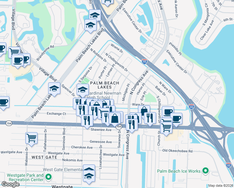 map of restaurants, bars, coffee shops, grocery stores, and more near 413 Ontario Place in West Palm Beach