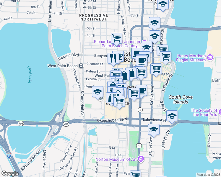 map of restaurants, bars, coffee shops, grocery stores, and more near 612 Fern Street in West Palm Beach