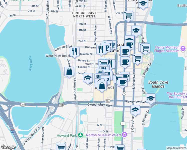 map of restaurants, bars, coffee shops, grocery stores, and more near in West Palm Beach