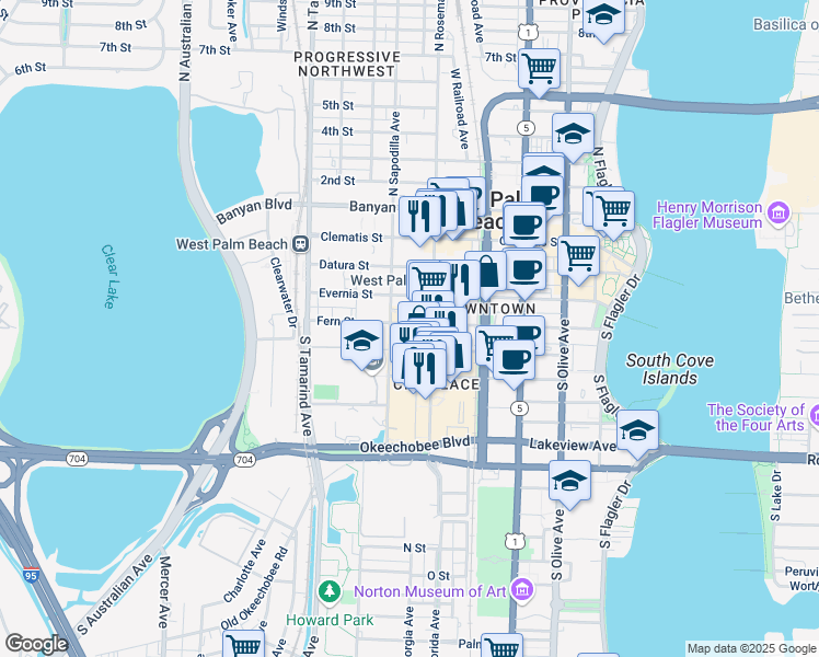 map of restaurants, bars, coffee shops, grocery stores, and more near 612 Fern Street in West Palm Beach