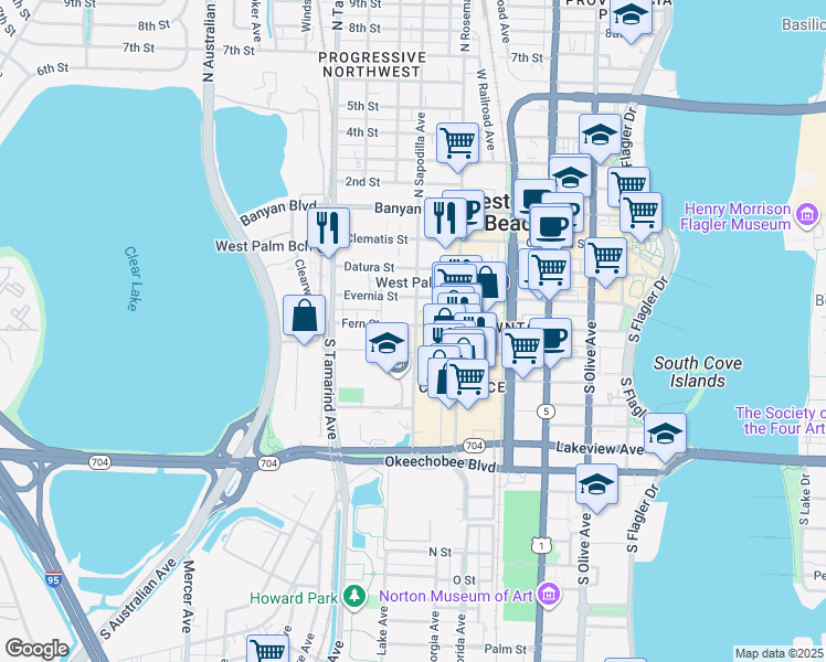 map of restaurants, bars, coffee shops, grocery stores, and more near 403 South Sapodilla Avenue in West Palm Beach