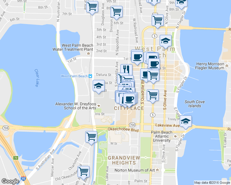 map of restaurants, bars, coffee shops, grocery stores, and more near 403 South Sapodilla Avenue in Palm Beach
