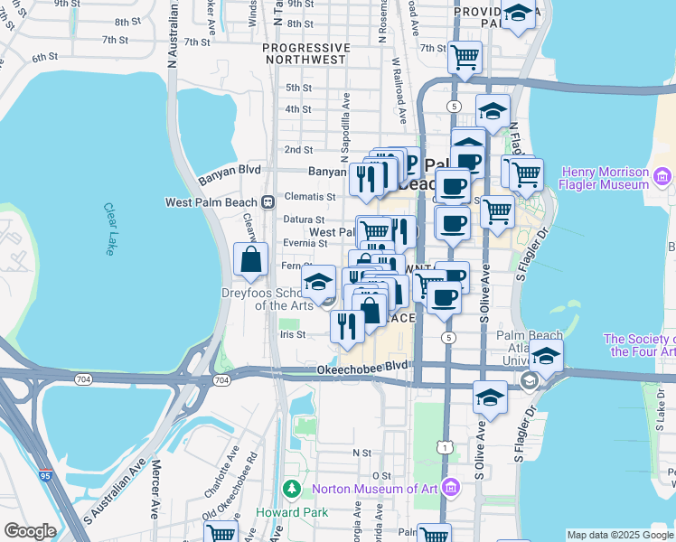 map of restaurants, bars, coffee shops, grocery stores, and more near 720 Fern Street in West Palm Beach
