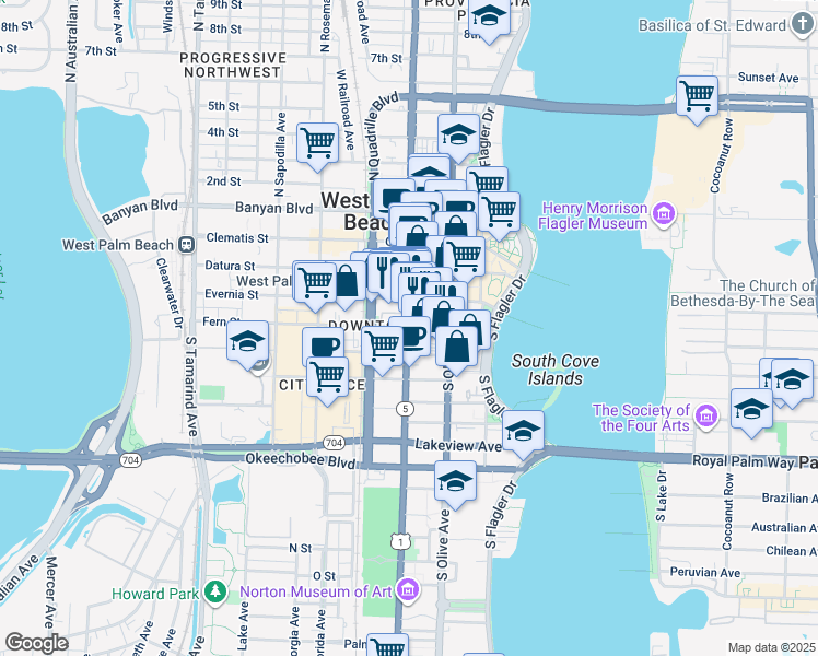map of restaurants, bars, coffee shops, grocery stores, and more near 400 South Dixie Highway in West Palm Beach